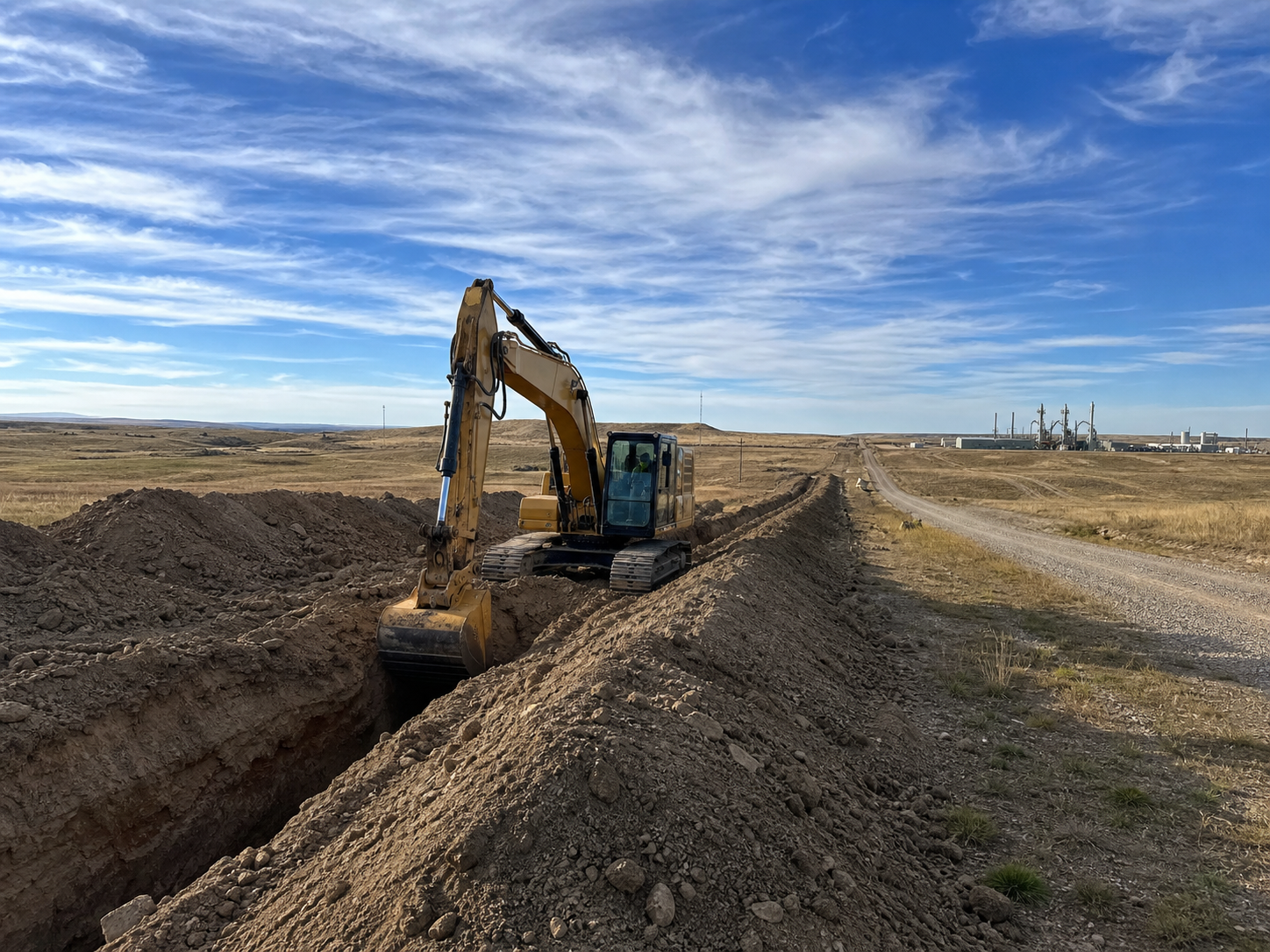 Excavator digging a pipeline trench across the high plains for an energy project