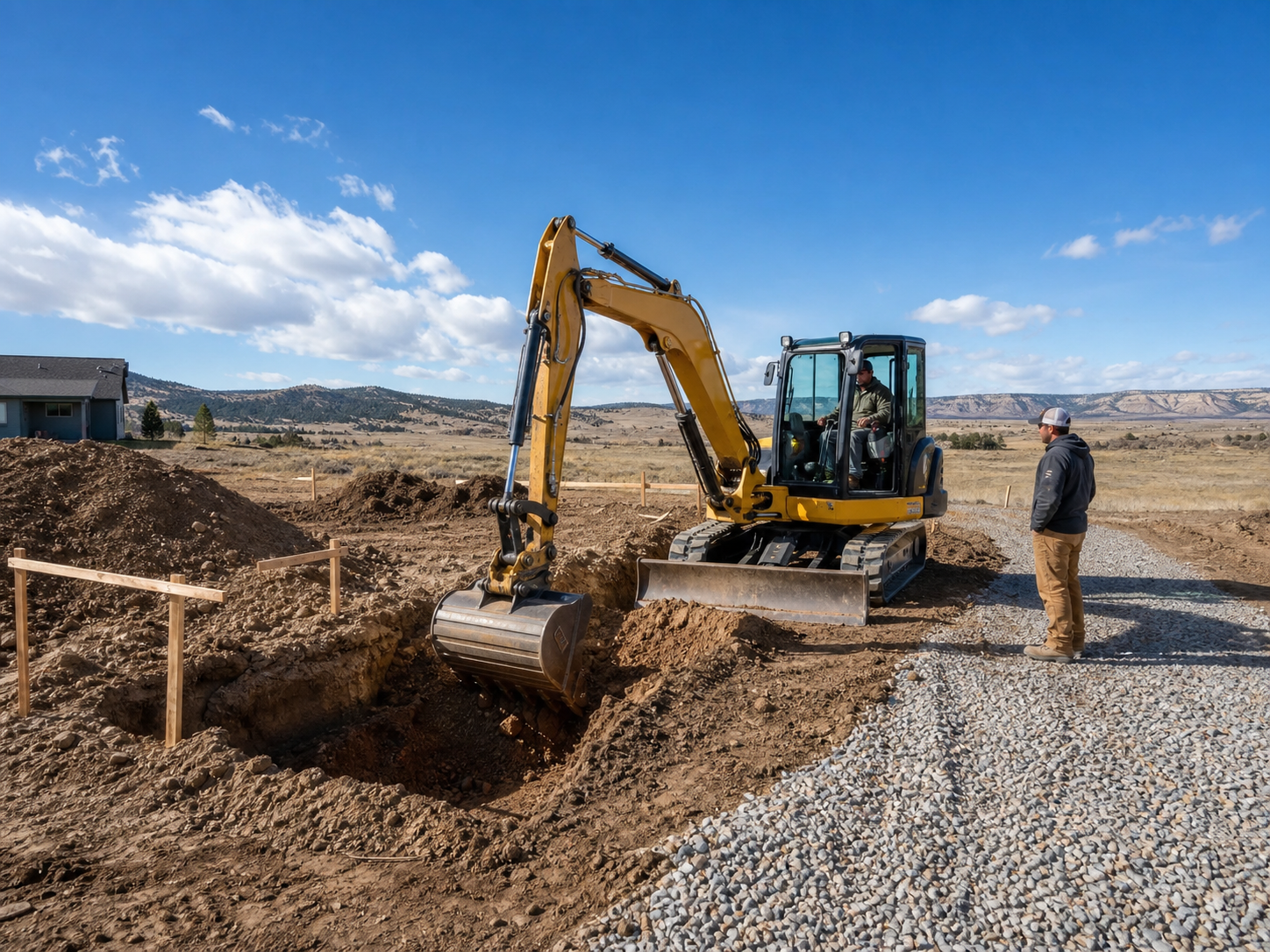 Compact excavator preparing a residential home site in rural Wyoming